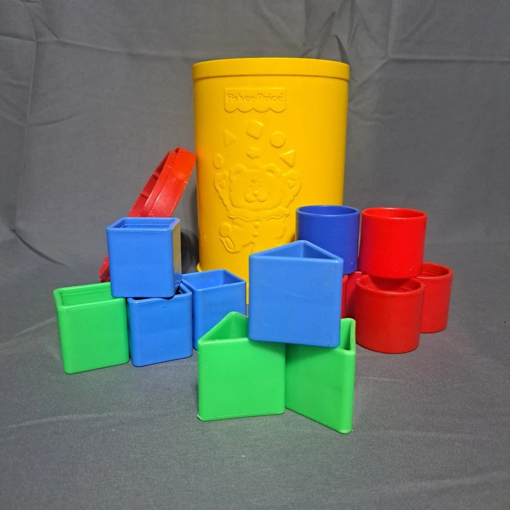 VTG Fisher-Price Baby's First Blocks Shape‎ Sorter Canister Lid w/ blocks
